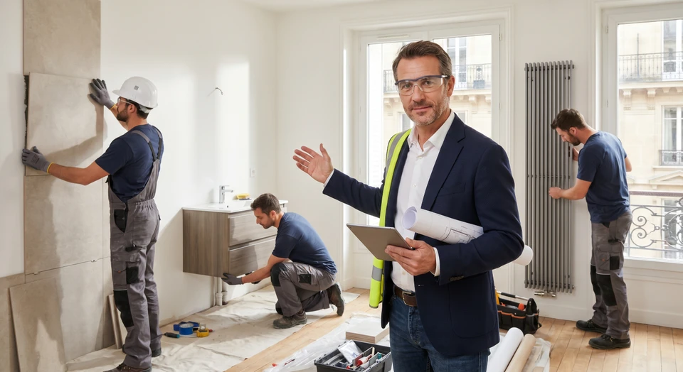 Un professionnel du bâtiment en tenue de chantier moderne (costume clair ou gilet haute visibilité professionnel) tenant un plan ou une tablette, supervisisant un chantier de rénovation complète de salle de bain. L'arrière-plan doit montrer plusieurs zones de travail : un radiateur ou climatiseur mural, des travaux de carrelage mural, et des installations sanitaires/robinetterie. Le professionnel doit avoir une expression de confiance et de maîtrise, symbolisant la coordination unique et fluide de multiples corps de métier sous sa supervision.
