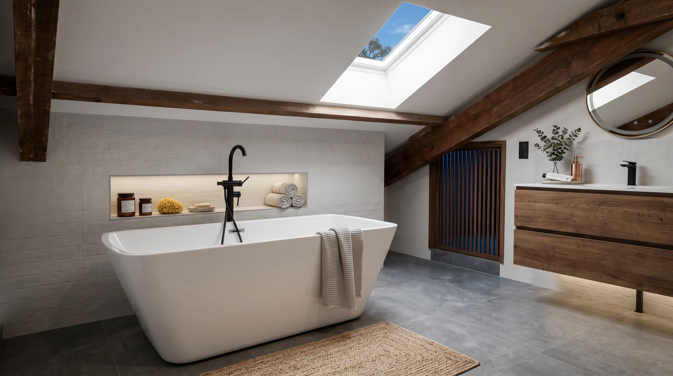 Salle de bains sous combles avec baignoire îlot blanche autoportante, robinetterie noire mate sur colonne