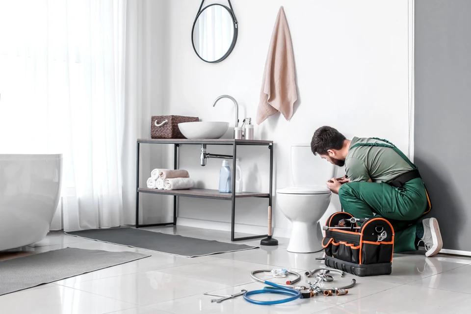 Plombier professionnel en combinaison verte travaillant dans salle de bain moderne, réparant WC suspendu blanc