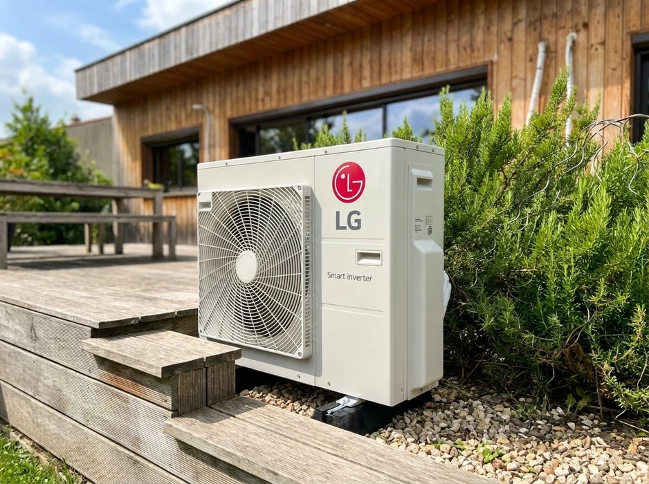 Unité extérieure de climatisation réversible LG Smart Inverter, installée sur une terrasse en bois composite, adossée à des conifères