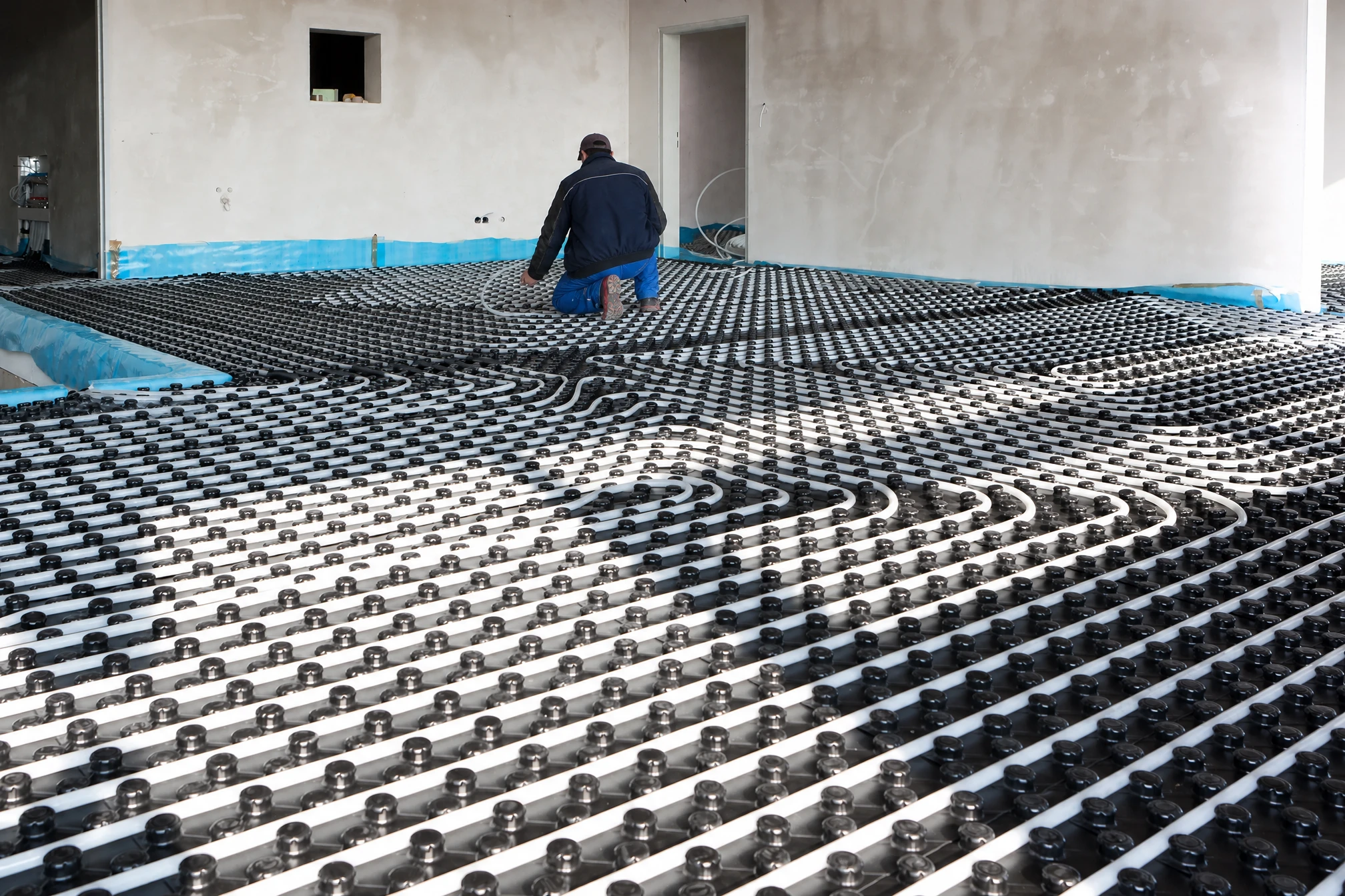 Chantier de construction intérieur avec installation de plancher chauffant hydraulique en cours